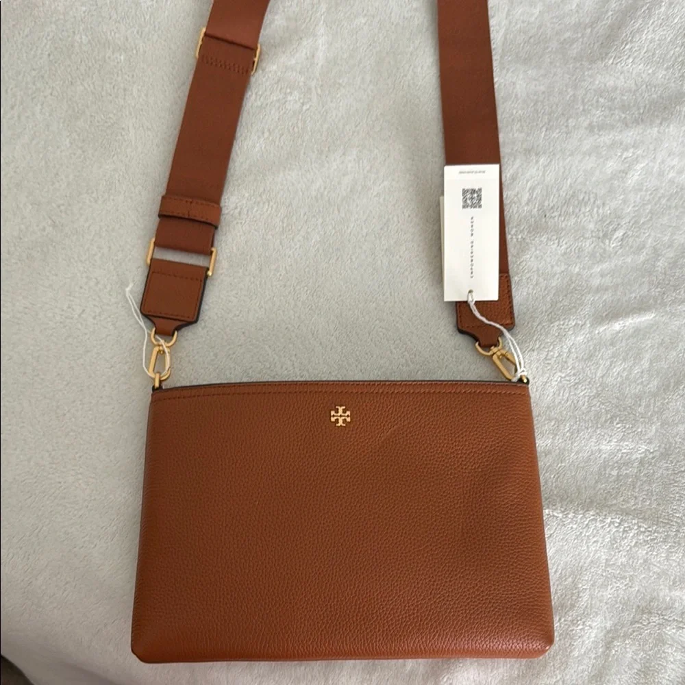 Tory Burch Pebbled Leather Crossbody in Cognac Brown with Gold Logo